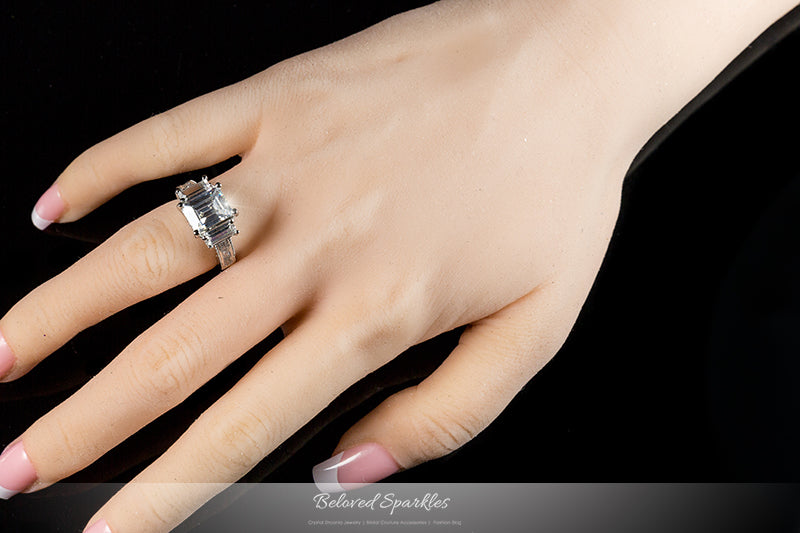 Alina 9x7mm Emerald CZ Three Stone Engagement Ring | 2.5ct | 3.7ct