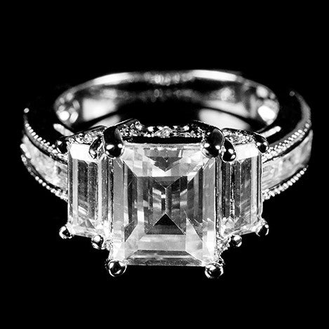 Alina 9x7mm Emerald CZ Three Stone Engagement Ring | 2.5ct | 3.7ct