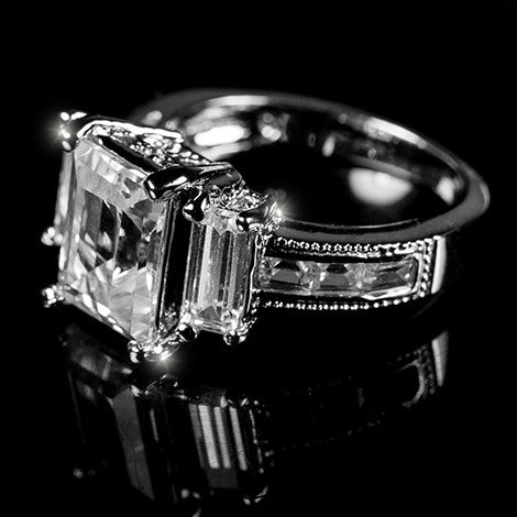 Alina 9x7mm Emerald CZ Three Stone Engagement Ring | 2.5ct | 3.7ct