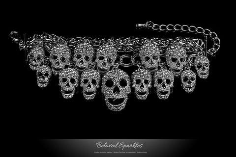 Skulls Cluster Clear Silver Goth Crytal Fashion Bracelet - 6.5in