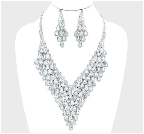 May Tear Drop Cluster Bib Necklace Set | Crystal