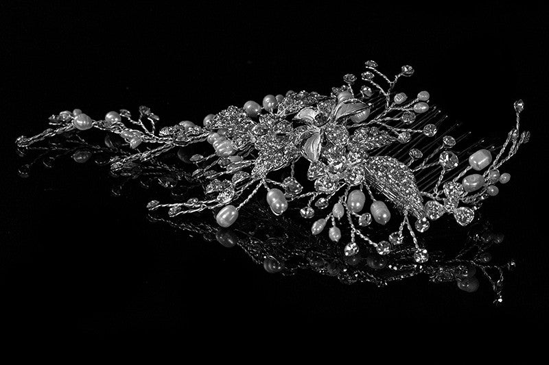 Vicky Floral Spray White Pearl Hair Comb | Pearl | Swarovski Crystal - Beloved Sparkles
 - 2