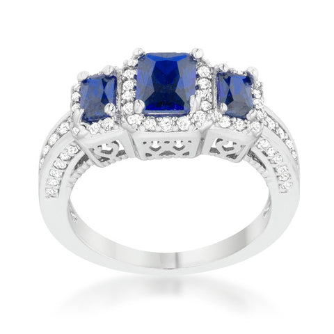 Rita Three Stone Sapphire Blue Radiant Cut Cocktail Ring | 5 Carat | Cubic Zirconia - Beloved Sparkles
 - 3