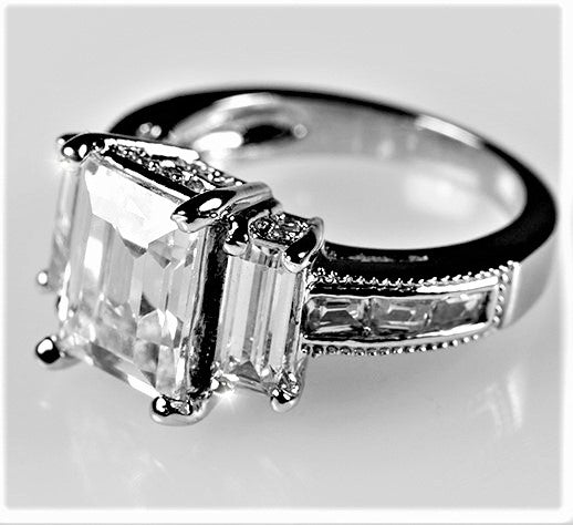 Alina 9x7mm Emerald CZ Three Stone Engagement Ring | 2.5ct | 3.7ct
