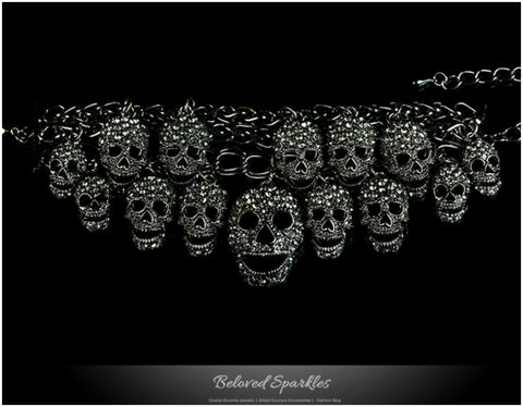 Skulls Cluster Black Goth Fashion Crystal Bracelet - 6.5in
