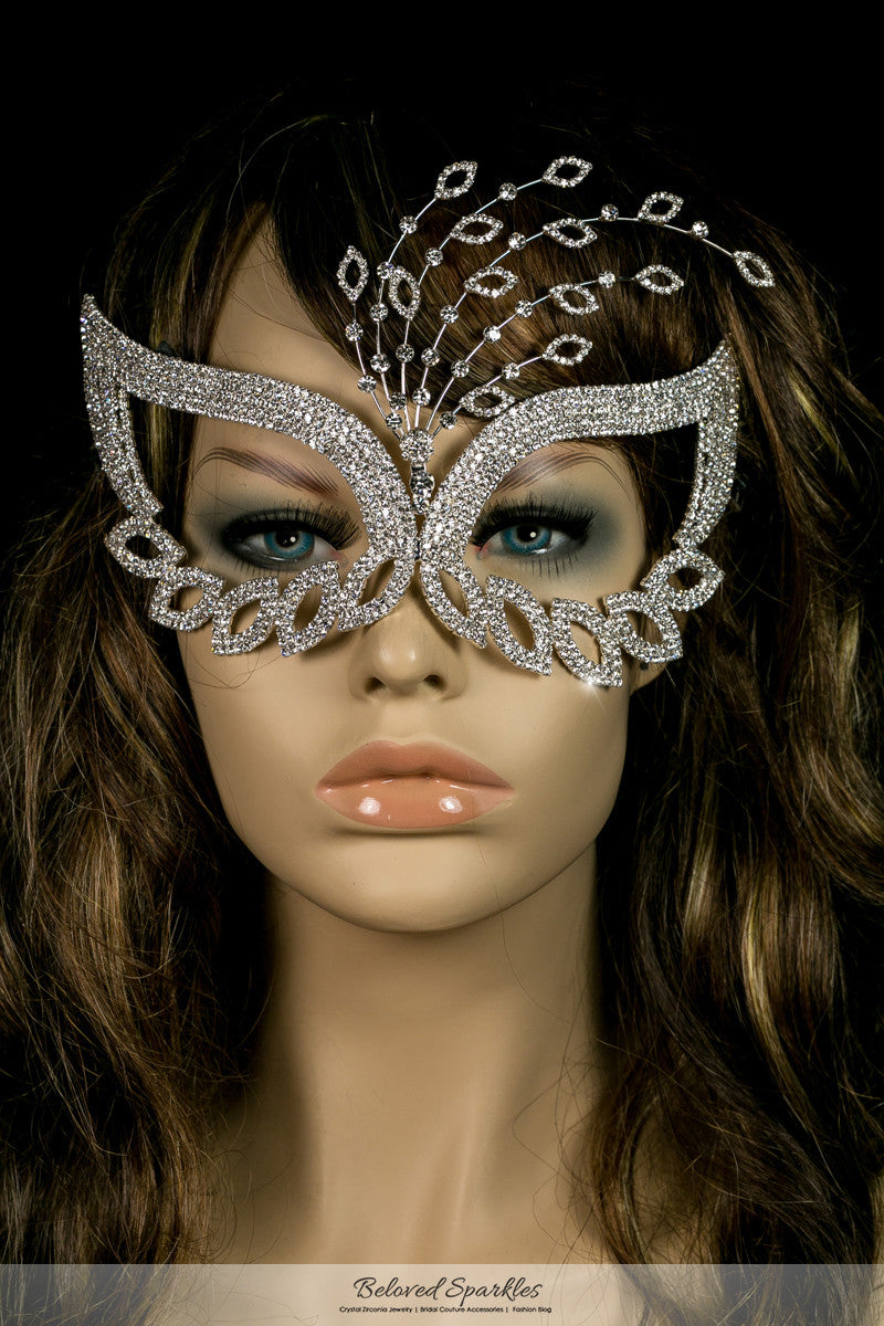 Glynn Art Deco Leaves Masquerade Mask | Silver | Crystal - Beloved Sparkles