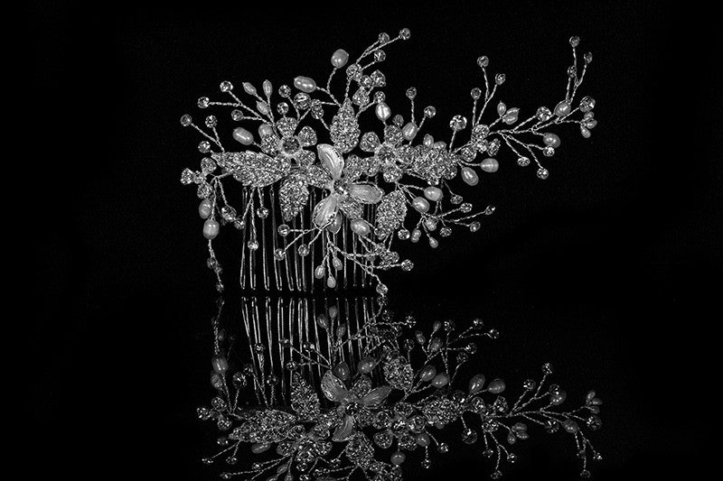 Vicky Floral Spray White Pearl Hair Comb | Pearl | Swarovski Crystal - Beloved Sparkles
 - 3