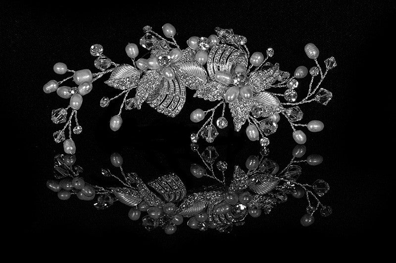 Ciana Ribbon White Pearl Spray Hair Clip | Swarovski Crystal - Beloved Sparkles