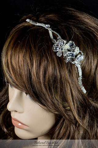 Rosalba Twin Flower Pearl Silver Headband | Swarovski Crystal - Beloved Sparkles
 - 4