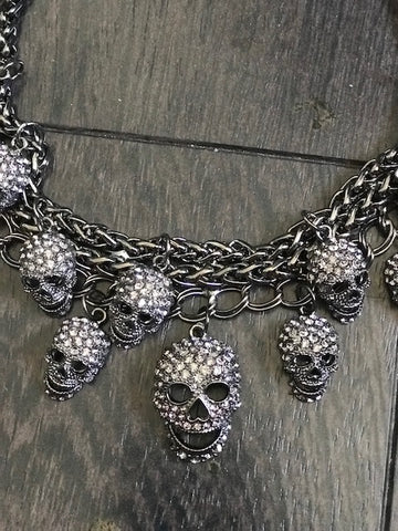 Skulls Cluster Black Goth Fashion Crystal Necklace